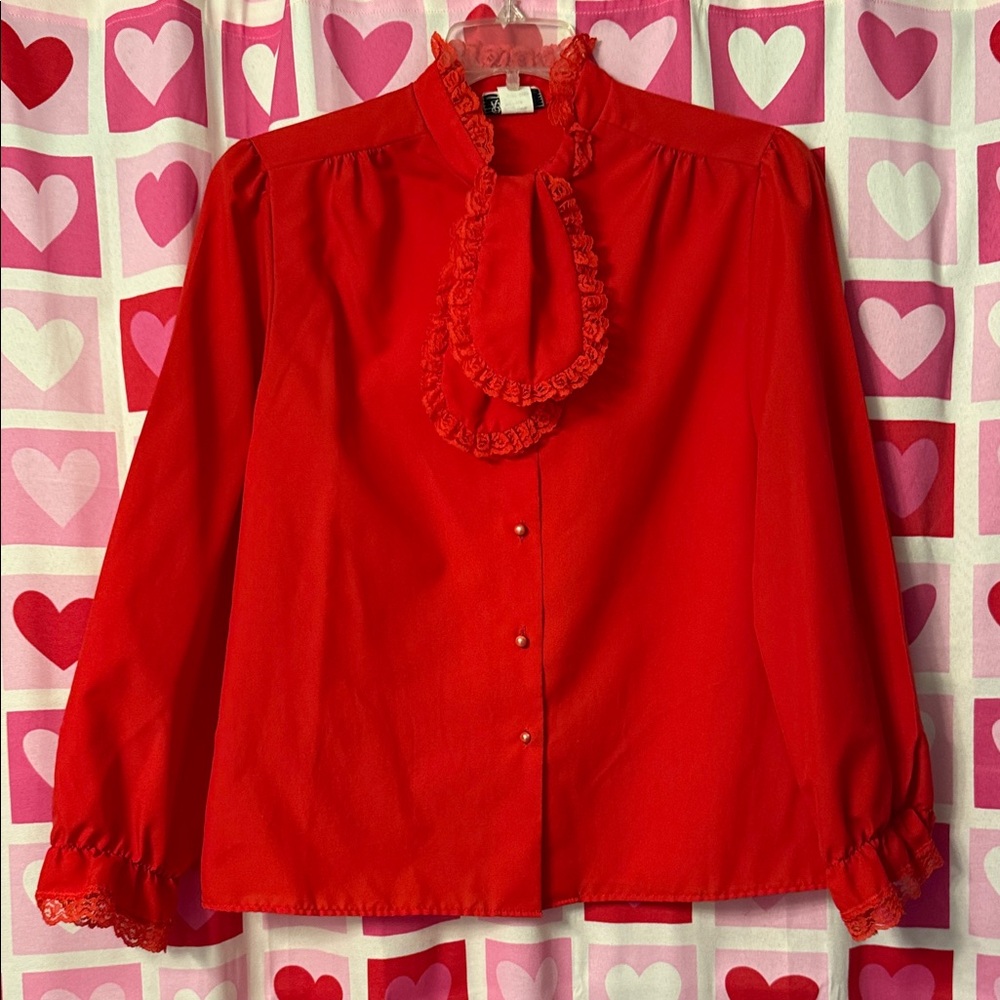 Vintage Rhapsody Red Ruffled Tie-Neck Blouse Size 36